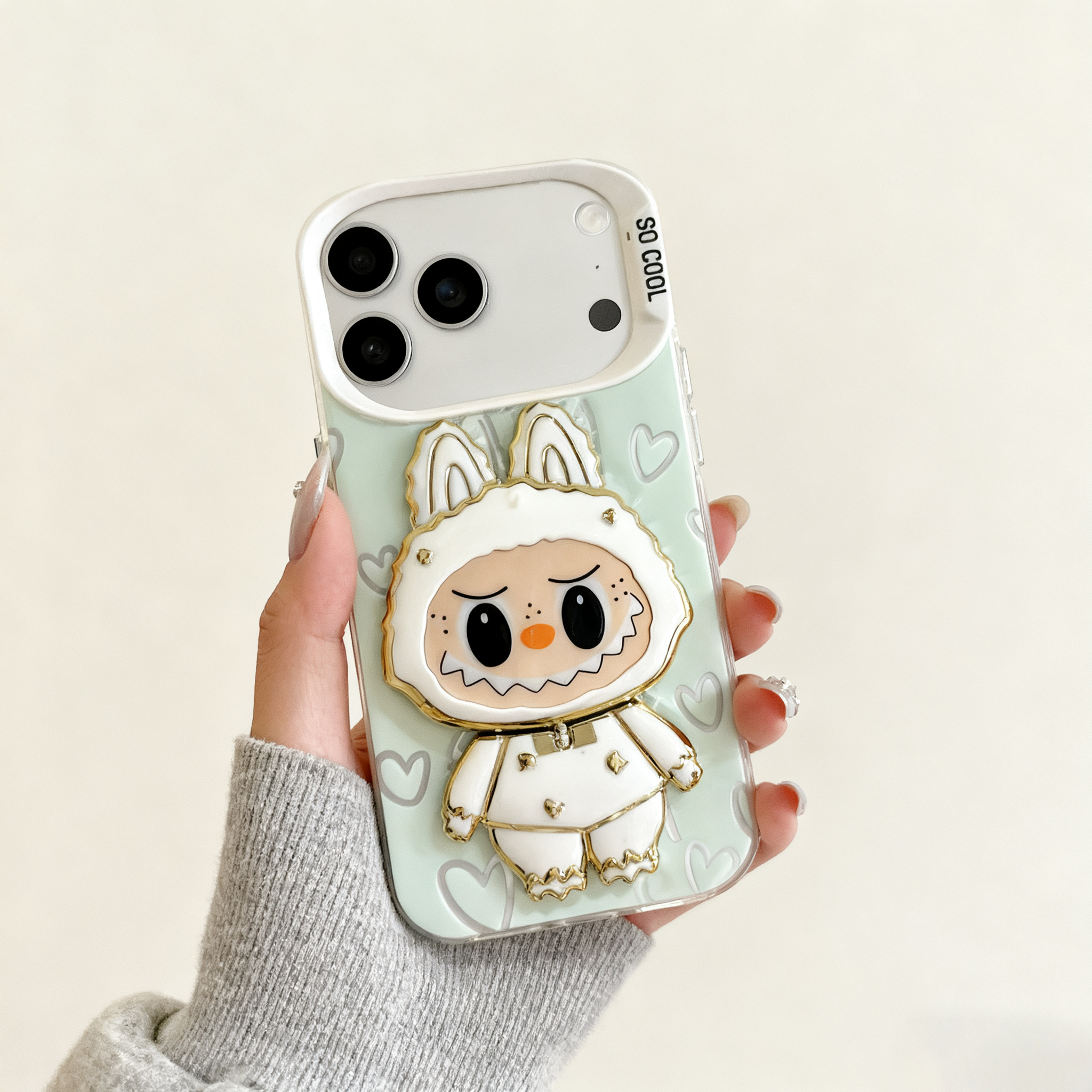 Aesthetic Clear iPhone 17 Case - Kawaii Cartoon with Mirror & Heart Details