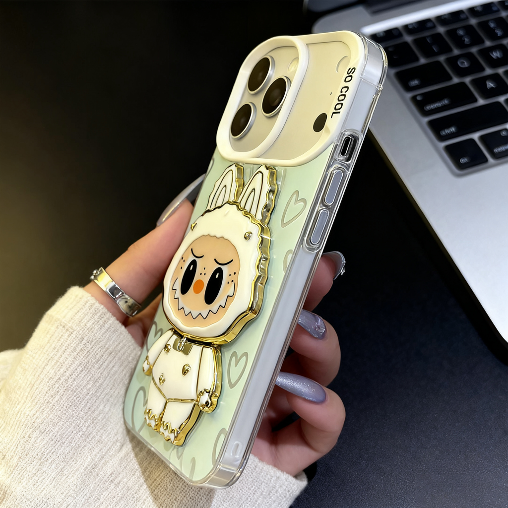 Aesthetic Clear iPhone 17 Case - Kawaii Cartoon with Mirror & Heart Details