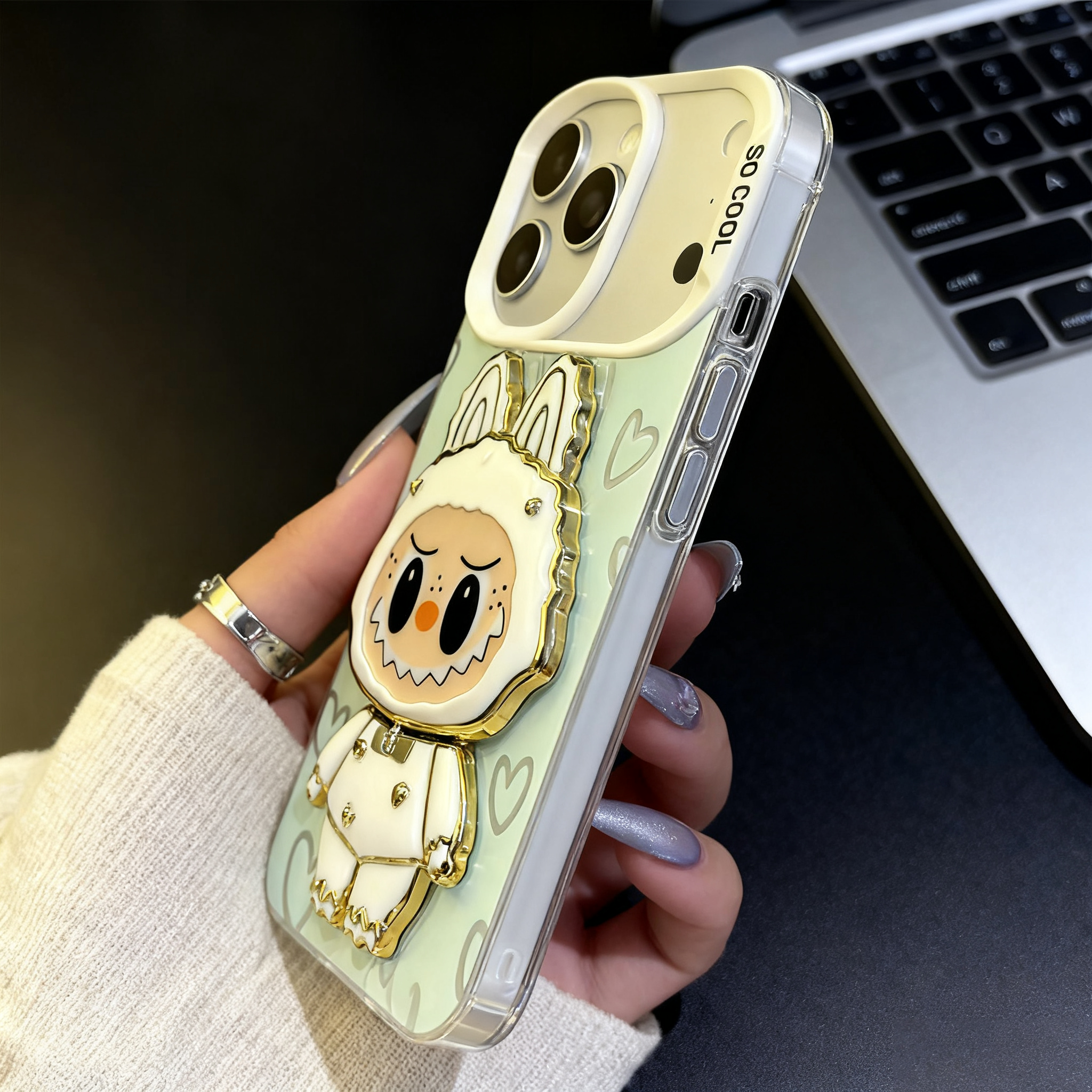 Aesthetic Clear iPhone 17 Case - Kawaii Cartoon with Mirror & Heart Details