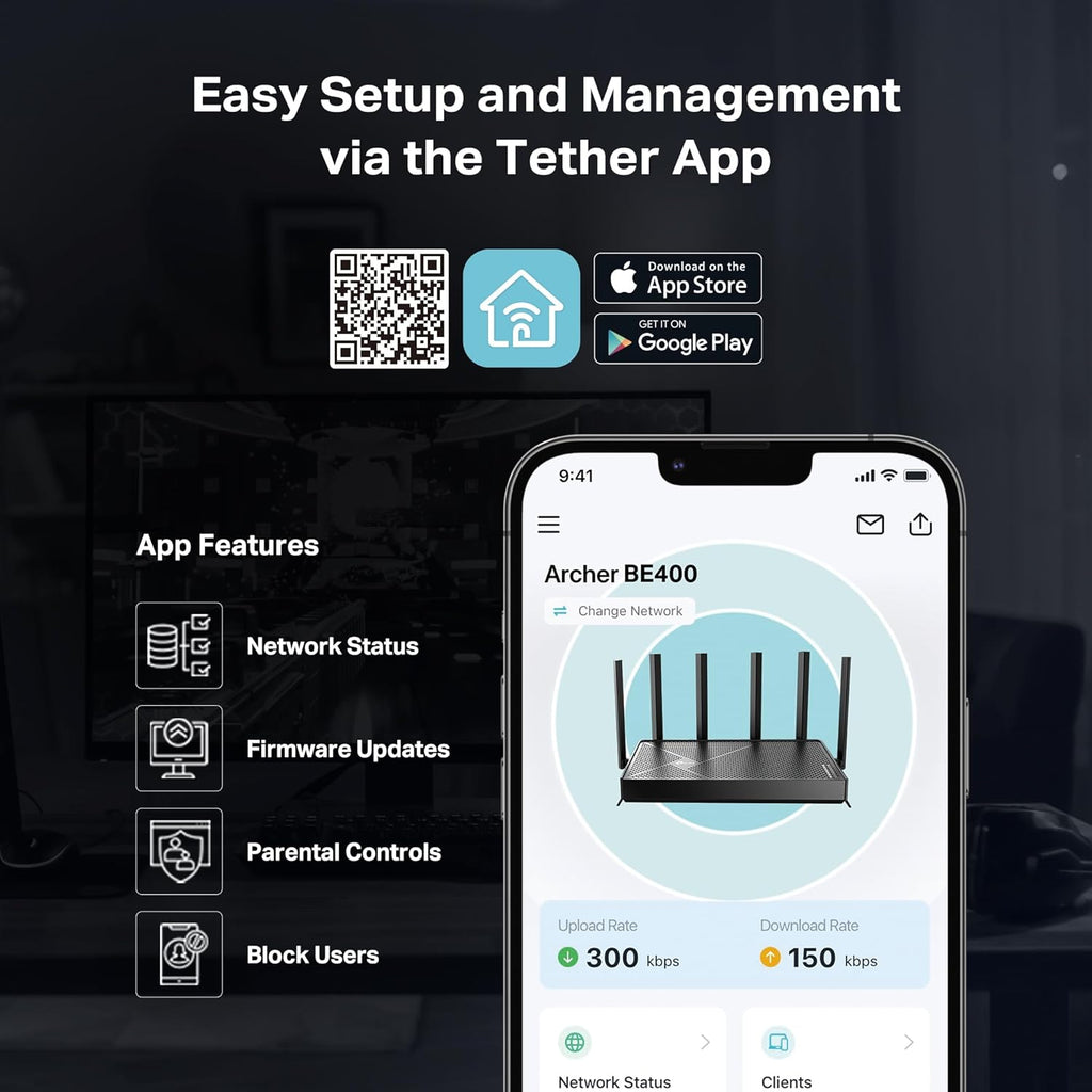 TP-Link Archer BE6500 Dual-Band Wi-Fi 7 Router (Archer BE400) | Dual 2.5 Gbps Ports USB 3.0 | Covers up to 2,400 Sq. ft and 90 Devices | Quad-core CPU| HomeShield, Private IoT, Free Expert Support