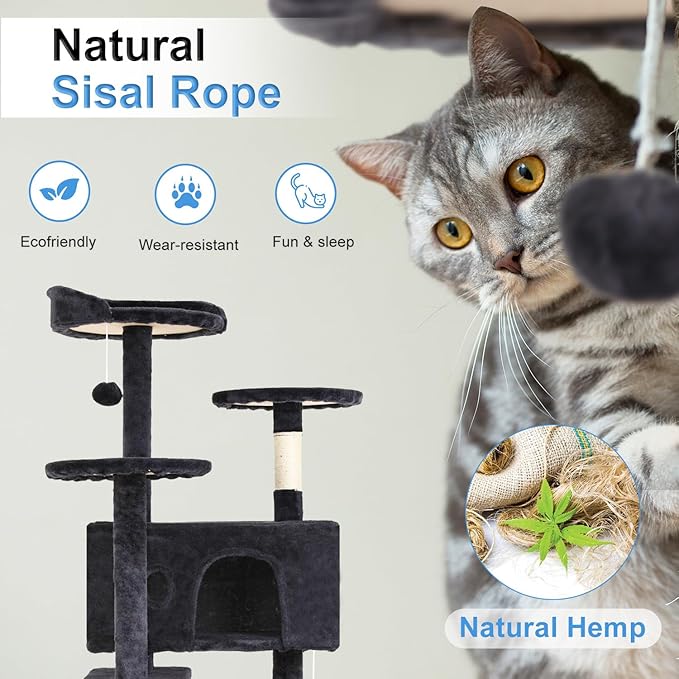 FDW Cat Tree 54in Cat Tower Multi-Level Durable Cat Scratching Post & Cozy Fun Cat Jumping Platform Space Saving Cat Condo Pet Play House for Indoor Cats
