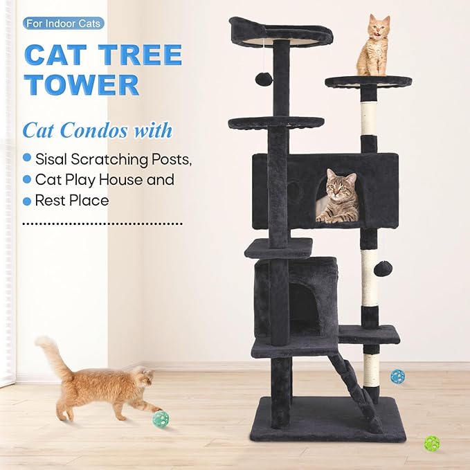 FDW Cat Tree 54in Cat Tower Multi-Level Durable Cat Scratching Post & Cozy Fun Cat Jumping Platform Space Saving Cat Condo Pet Play House for Indoor Cats