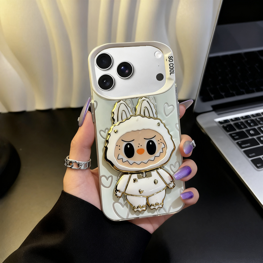 Aesthetic Clear iPhone 17 Case - Kawaii Cartoon with Mirror & Heart Details