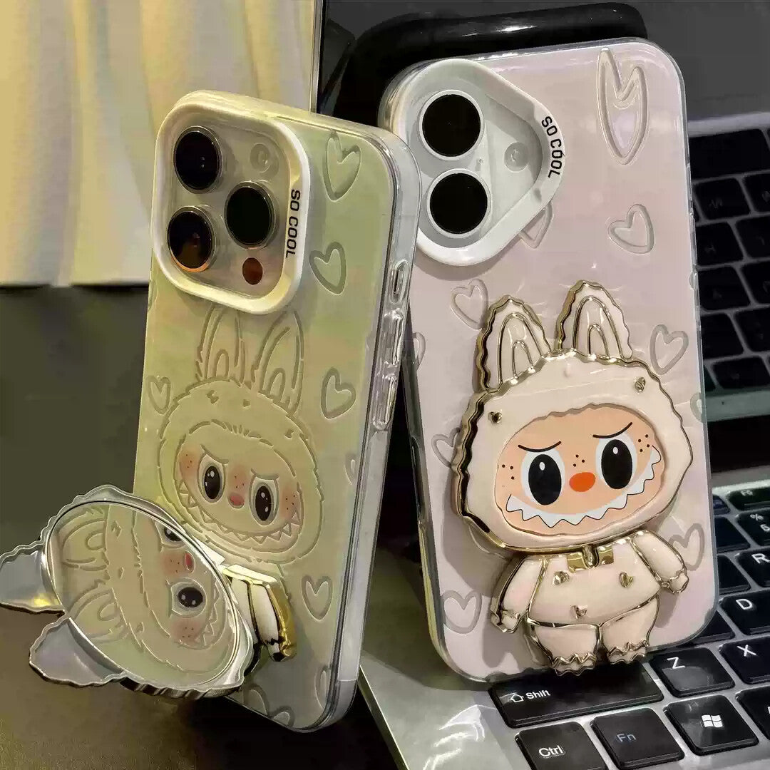Aesthetic Clear iPhone 17 Case - Kawaii Cartoon with Mirror & Heart Details