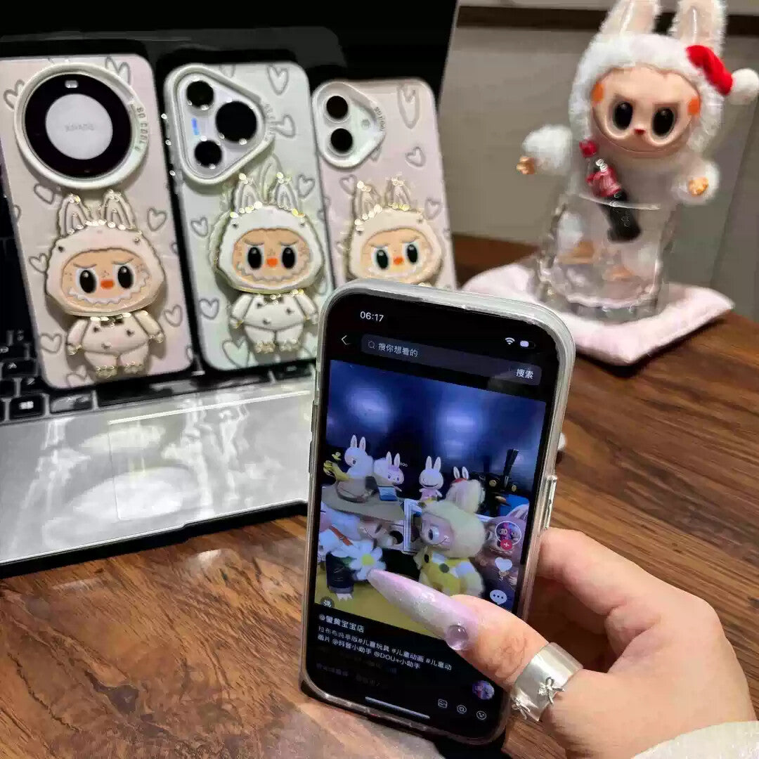 Aesthetic Clear iPhone 17 Case - Kawaii Cartoon with Mirror & Heart Details