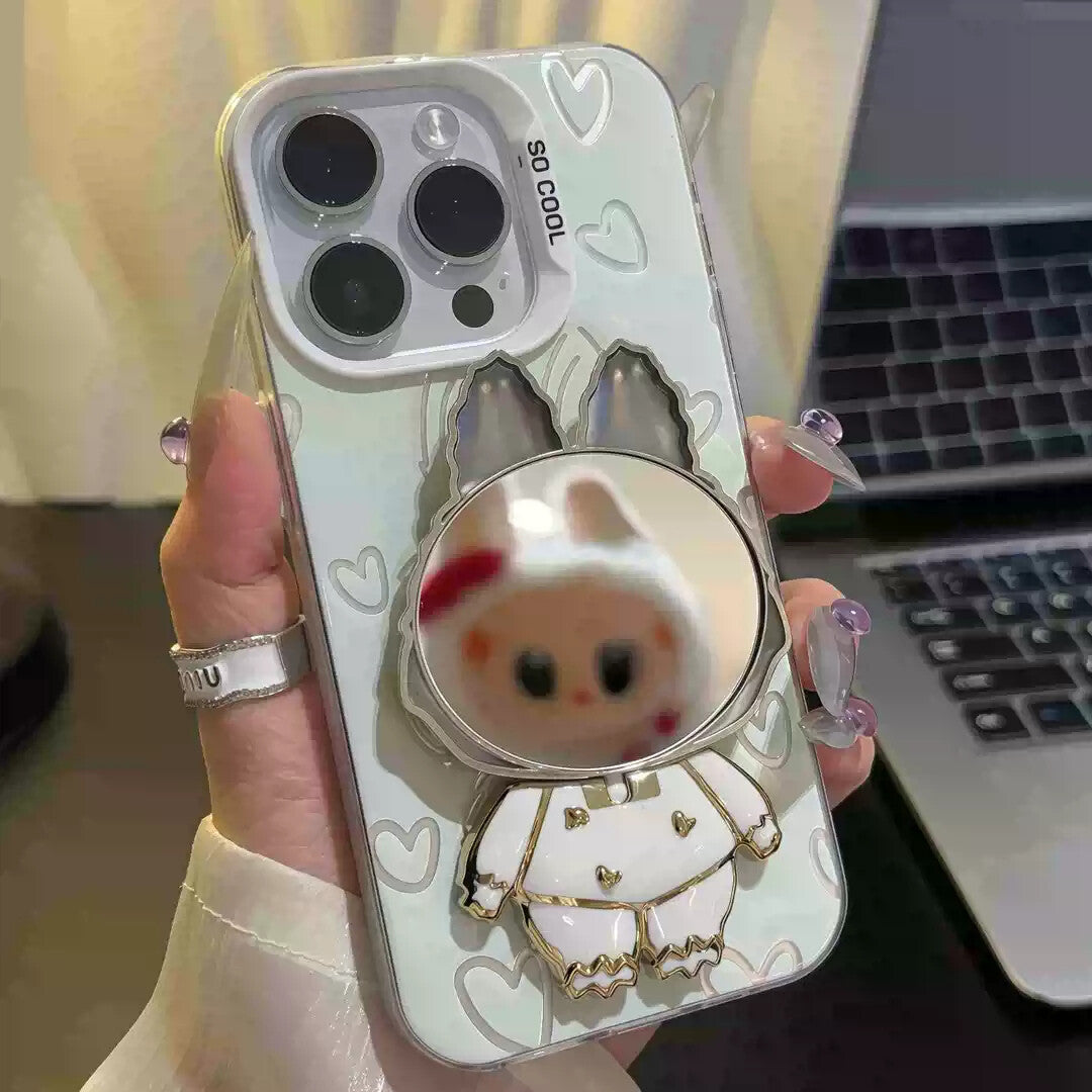 Aesthetic Clear iPhone 17 Case - Kawaii Cartoon with Mirror & Heart Details